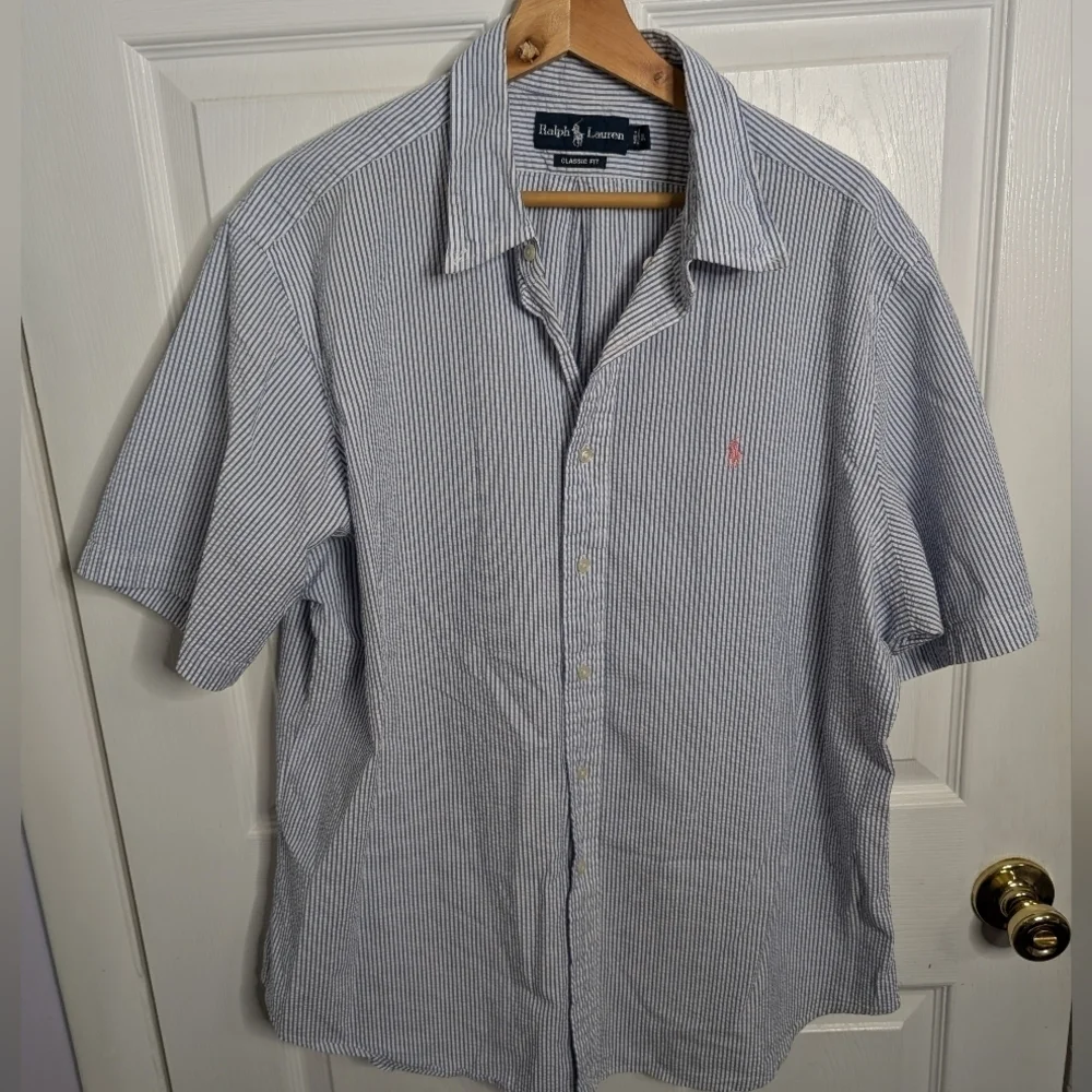 Polo Ralph Lauren Shirt Mens XL Seersucker Blue White Classic Fit PINK Pony